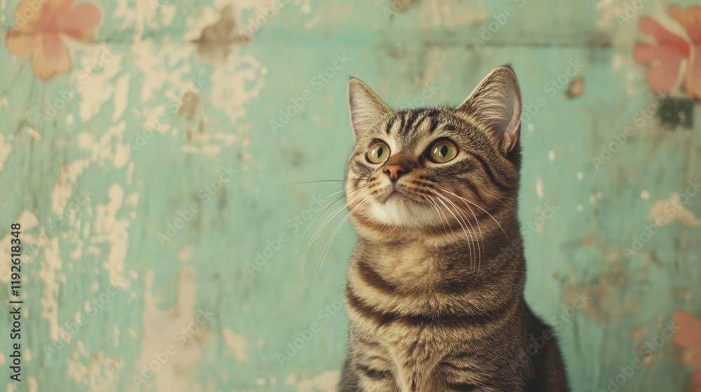 Aufkleber charming tabby cat portrait against a distressed pastel green backdrop with space for text inviting 