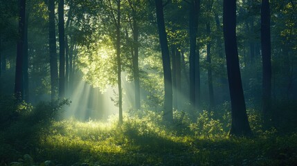 Fototapeta premium Enchanted forest with sunlight filtering through trees creating a serene and mystical atmosphere in nature's tranquility
