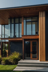 Modern Architectural Design: Luxurious Contemporary Home Exterior with Wooden Facade and Glass Windows