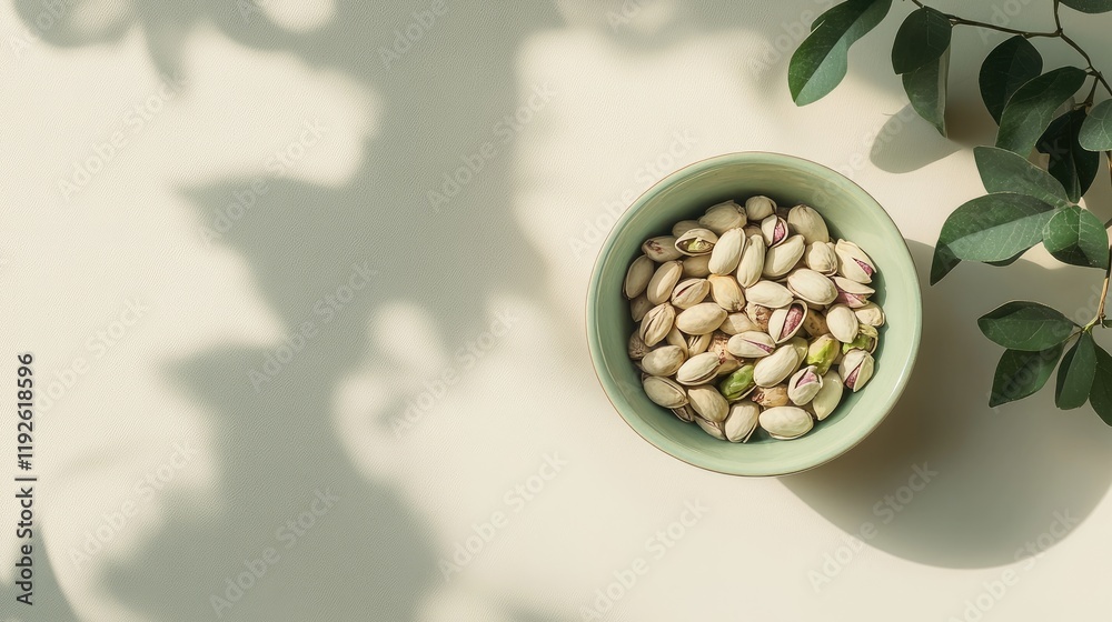 Aufkleber green bowl filled with pistachios on a soft background accompanied by shadow and greenery elements f