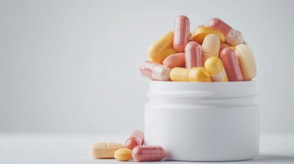 Assorted Colorful Capsules and Tablets Piled in a White Container on a Minimalistic Background