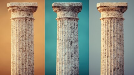 Three ancient columns against colorful backgrounds, showcasing weathered textures and classical architectural design.