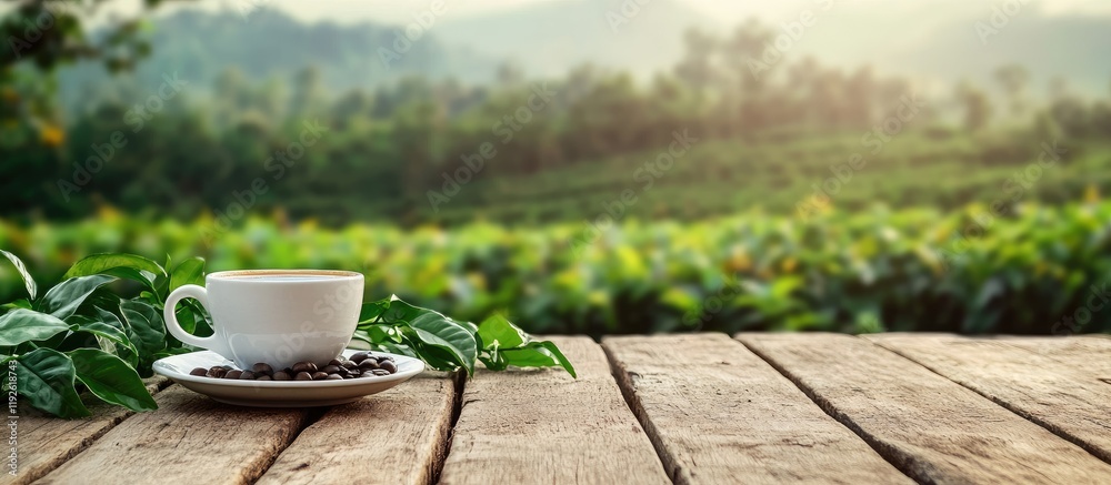 Aufkleber black coffee cup on wooden table at lanna tea farm with scenic greenery and empty space for custom t
