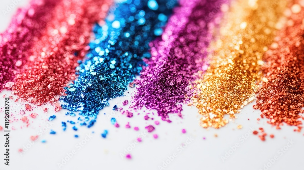 Poster vibrant glitter powder in a rainbow of colors creating a stunning bokeh effect against a white backg