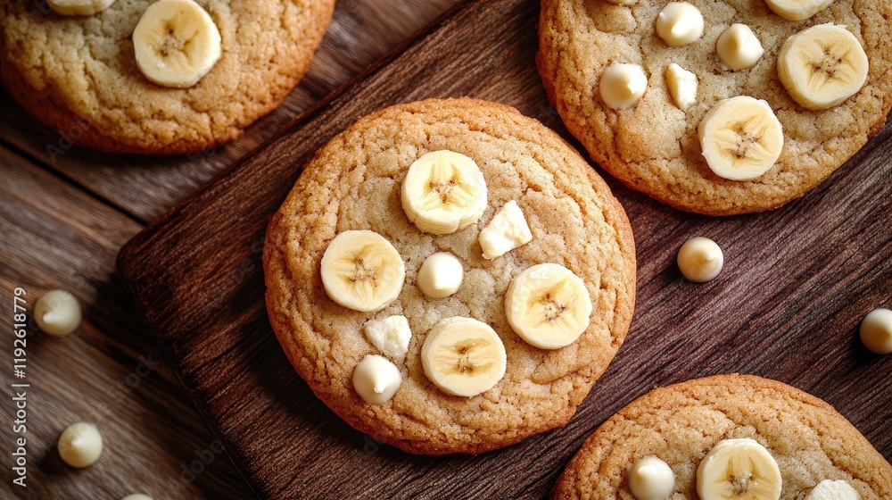 Poster banana and white chocolate cookies arranged on a wooden surface with fresh banana slices and chocola