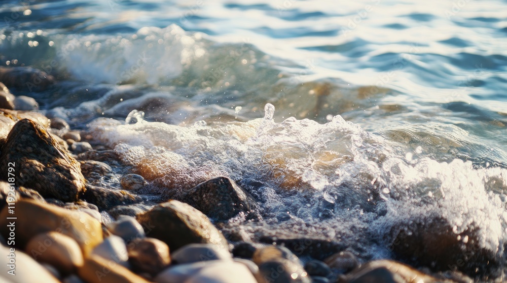 Poster Bokeh effect on tranquil blue sea waves lapping against smooth stones on a sunny day