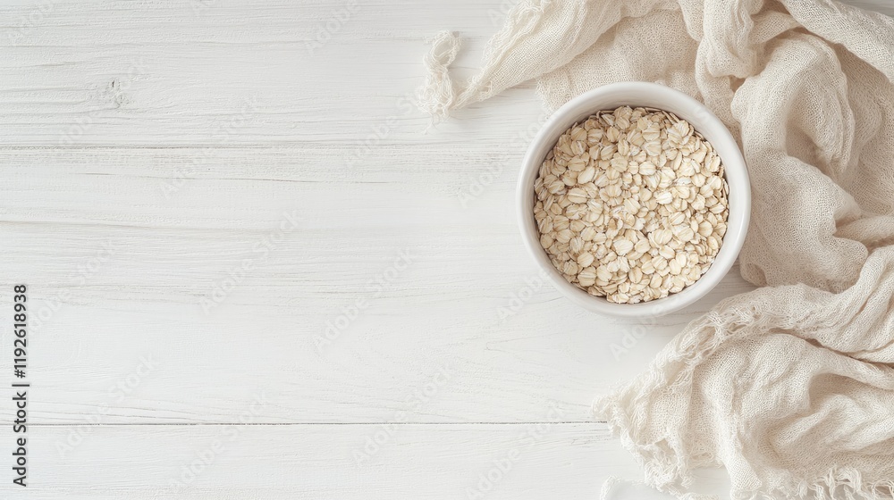 Poster bowl of raw rolled oats on white wooden table with empty space for text and natural linen cloth for 