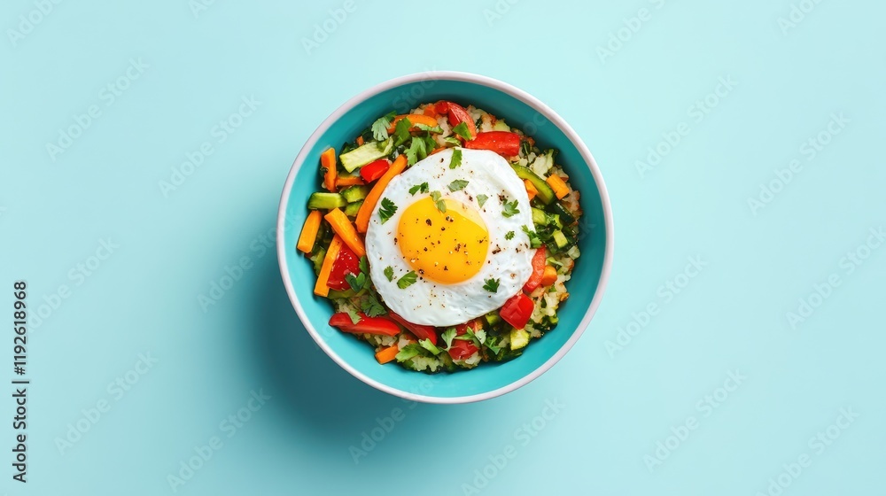 Aufkleber bowl of colorful vegetable rosti topped with poached egg on turquoise background healthy breakfast i