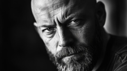 Intense black and white portrait of a serious bald man with a beard gazing directly into the camera lens showcasing deep emotional expression.