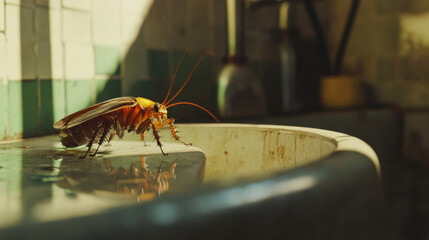 Naklejka premium cockroach crawling out of sink, showcasing hyperrealism in detail and texture. sunlight highlights its features, creating striking visual in domestic setting