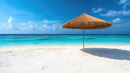 Cane umbrella providing shade on a stunning tropical beach under a brilliant blue sky with turquoise ocean waves in the background