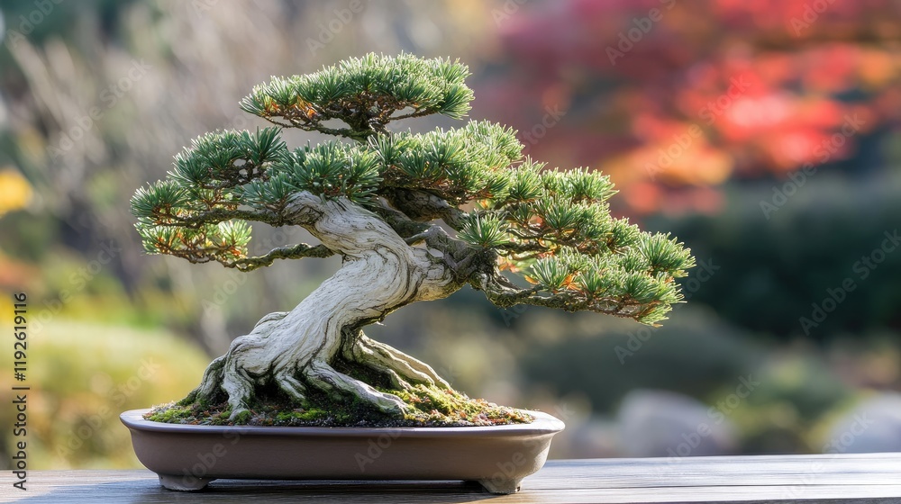 Poster serene bonsai tree in focus with a softly blurred natural background showcasing autumn colors and tr