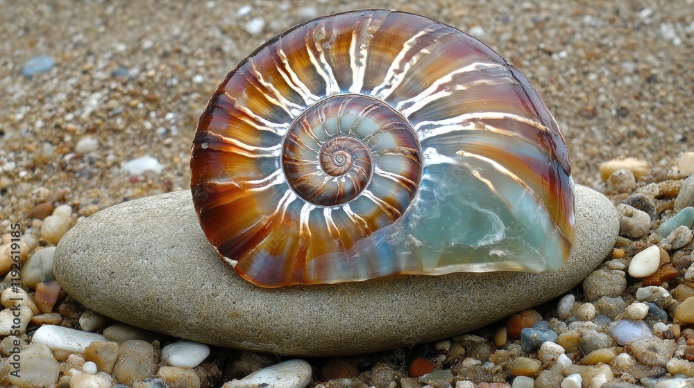 Poster colorful nautilus shell resting on a smooth pebble surrounded by fine grains of sand on the seashore