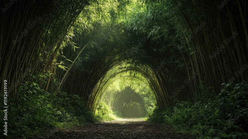 Poster Magical bamboo forest tunnel with sunlight filtering through lush greenery creating a serene and inviting path for exploration