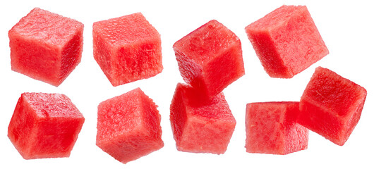 Set of watermelon cubes isolated on white background. File contains clipping paths.