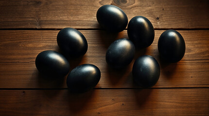 Black eggs on rustic wooden table