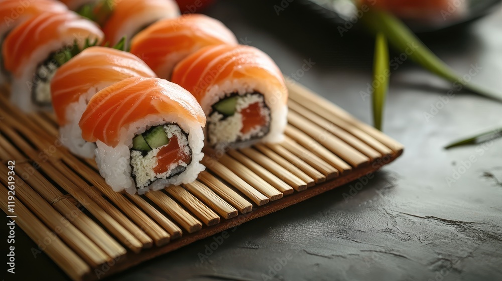 Poster bamboo placemat with sushi rolls featuring fresh salmon and cucumber on a textured surface