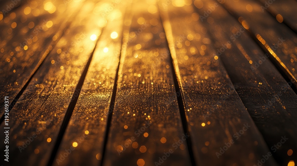 Aufkleber golden bokeh lights reflecting on wooden surface with text space for seasonal or event promotions
