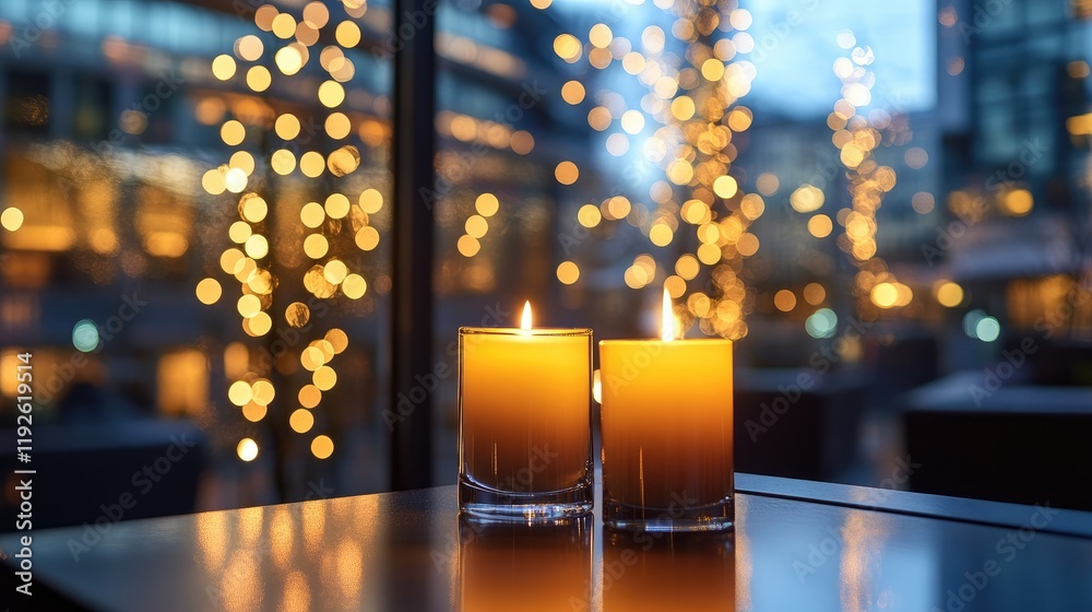 Leinwandbilder Bokeh effect of glowing candles in front of a festive background with shimmering lights creating a warm and inviting atmosphere