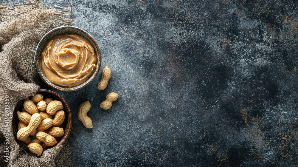 Poster bowl of creamy peanut butter beside fresh raw peanuts on textured tabletop rustic food setting with 
