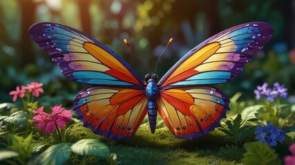 large stunningly beautiful fairy wings Fantasy abstract paint colorful butterfly sits on garden.The insect casts a shadow on nature.The insect has many geometric angles.3d render