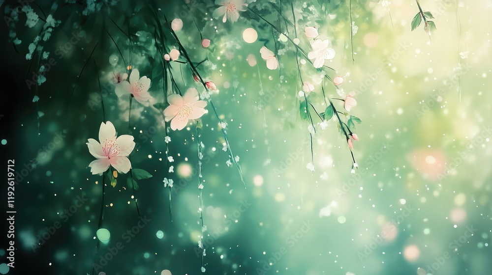 Poster floral bokeh background with soft colors and dreamy light effects for tranquil atmosphere and nature