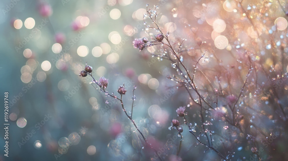 Poster bokeh background with delicate flowers and dew drops in soft pastel colors