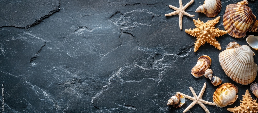 Poster seashells and marine decor on a black stone background with empty space for text ideal for promotion