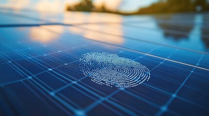 Fingerprint scan overlay on solar panel technology symbolizing security and renewable energy innovation against a scenic background.