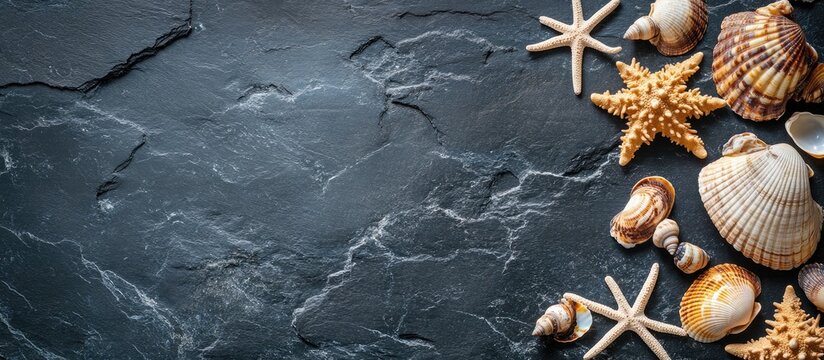 Seashells and marine decor on a black stone background with empty space for text ideal for promotional sale banners or advertisements