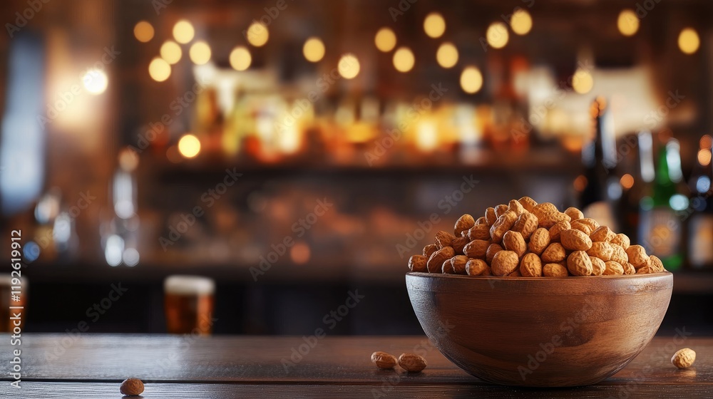 Aufkleber Bowl of assorted nuts with beer bottles in a cozy bar setting blurred in the background