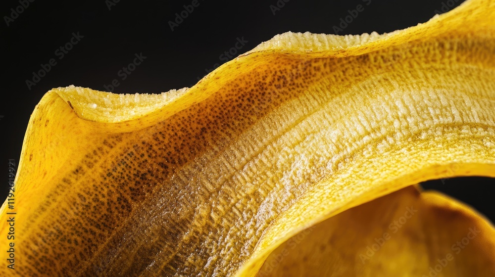 Poster Banana Peel Macro Shot on Black Background Detailed Texture and Color Patterns
