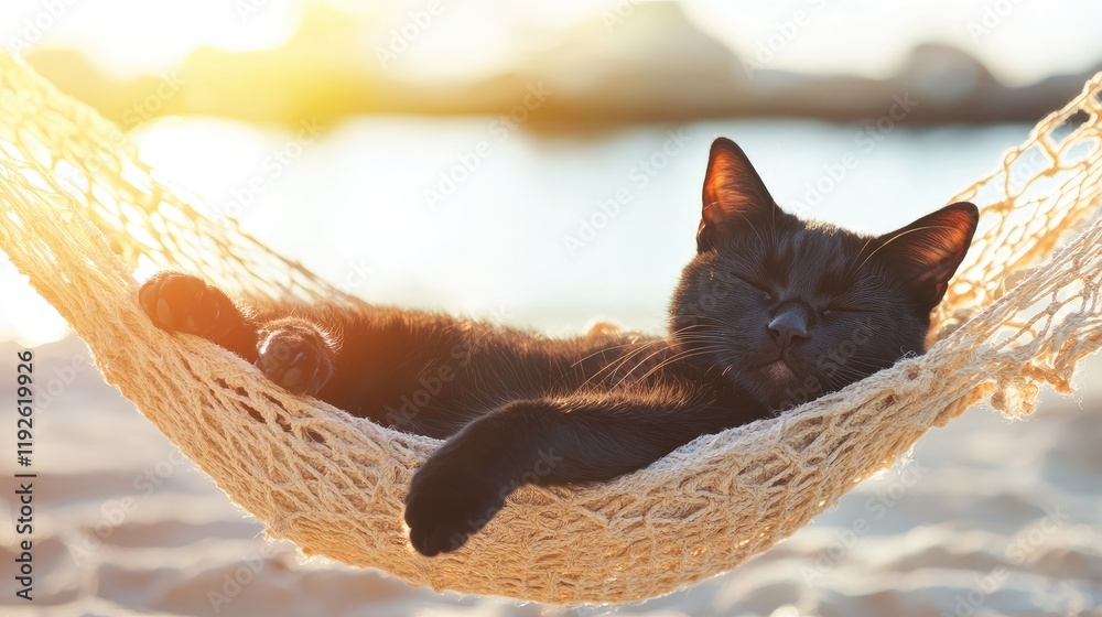 Aufkleber Black cat relaxing in seashell hammock under sunlight evoking joy and tranquility with ample copyspace for text or branding.