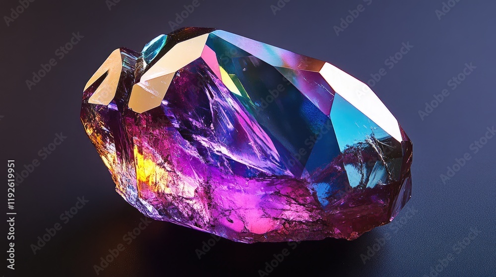Poster vibrant multifaceted gemstone showcasing brilliant colors and intricate reflections on a sleek dark 