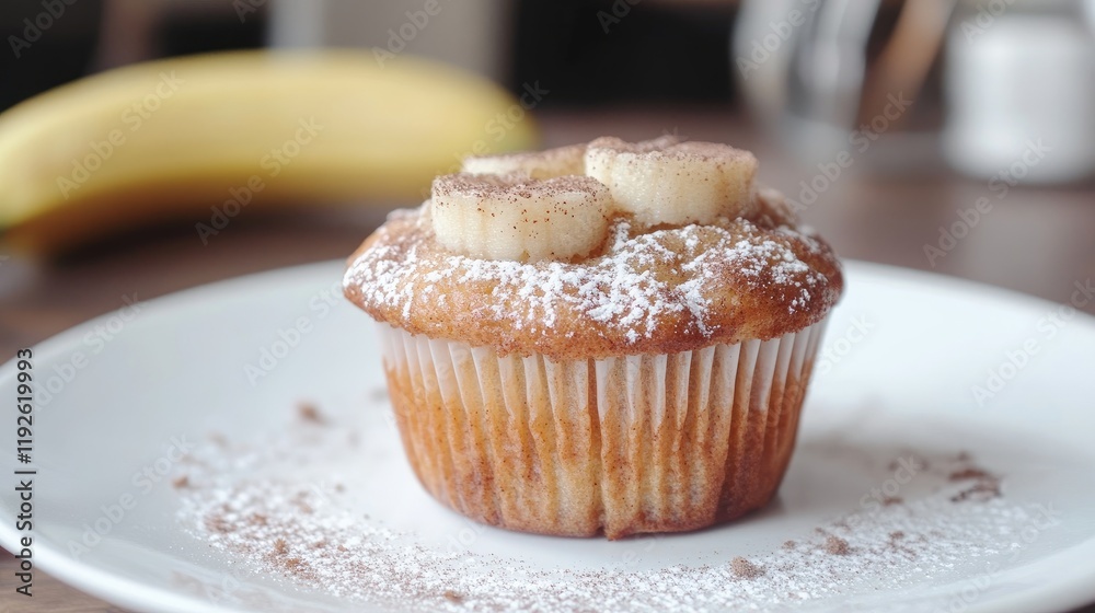 Poster banana and cinnamon muffin topped with banana slices on a white plate with powdered sugar dusting he