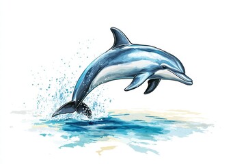 Fototapeta premium Dolphin leaps gracefully over ocean waves in vibrant illustration. Generative AI