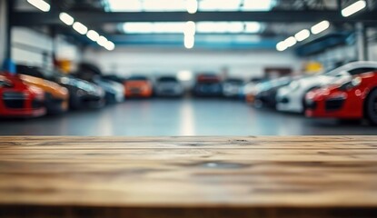 Obraz premium Blurred background of an automotive workshop with cars and a wooden table for product display or montage your products