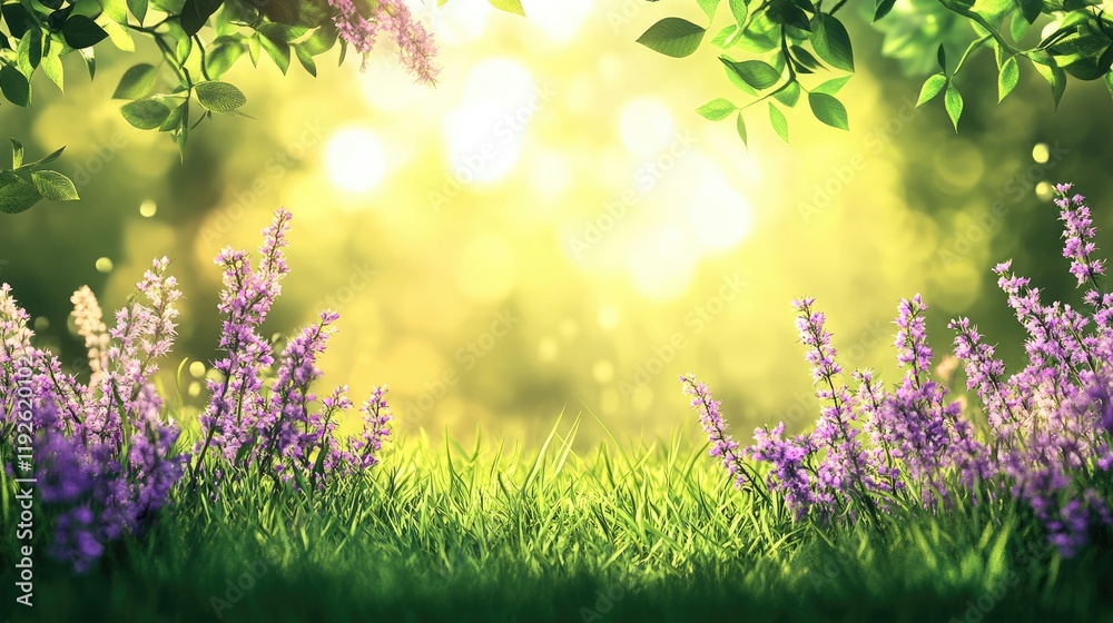 Poster bokeh spring landscape featuring vibrant purple wildflowers and lush green grass illuminated by soft