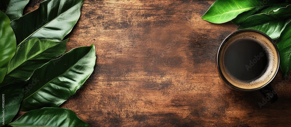 Poster black coffee in ceramic mug on rustic wooden table with green leaves and ample copyspace for your te