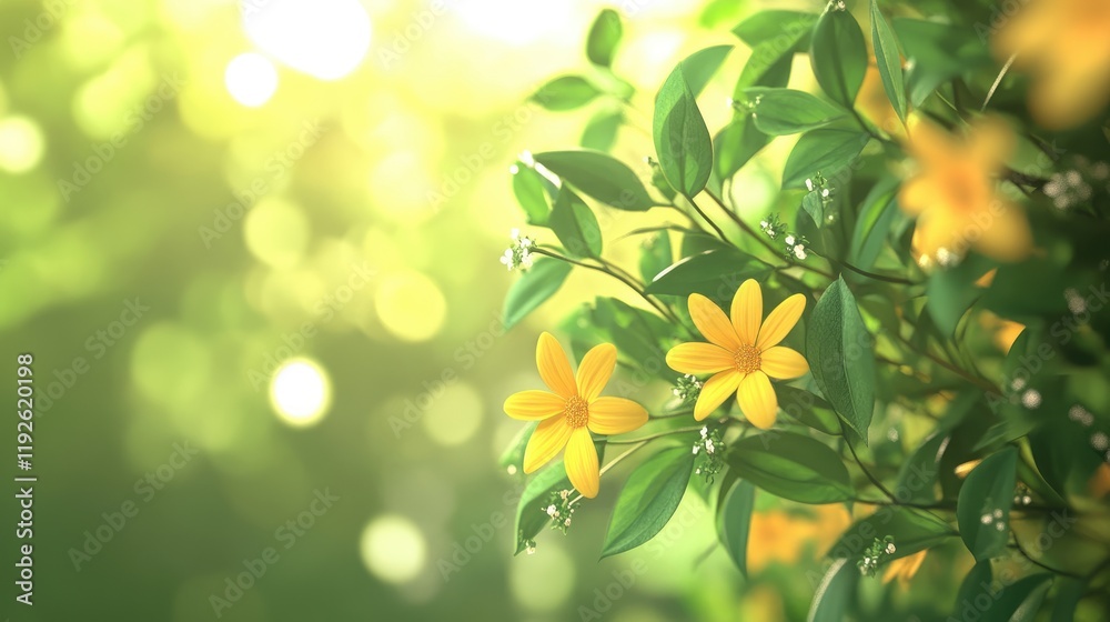 Aufkleber elegant yellow flowers amidst lush green foliage with a soft blurred background creating a serene an