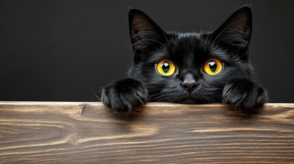 Adorable black cat with striking yellow eyes leaning on wooden railing creating perfect copyspace for text in dark background