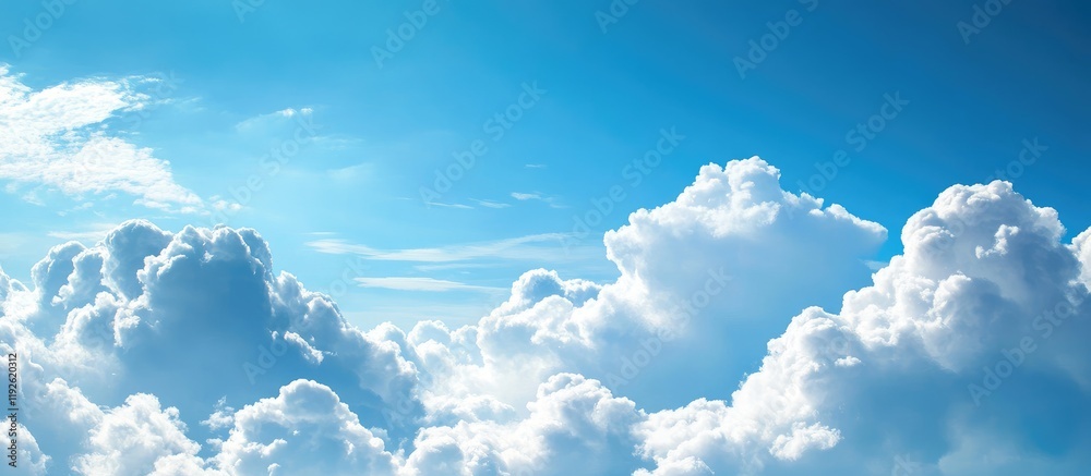 Poster Serene blue sky with fluffy white clouds creating a tranquil backdrop for text or graphic design elements in promotional materials.