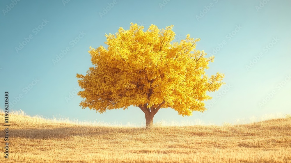 Poster vibrant yellow maple tree against a clear blue sky creating a serene outdoor atmosphere with ample c