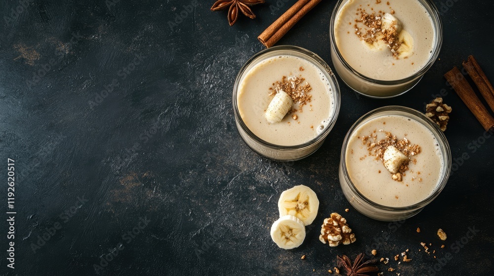 Poster banana smoothies in glasses garnished with nuts and spices on a dark textured background showcasing 