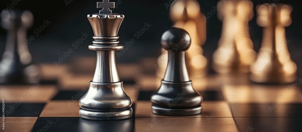 Poster black chess pieces with silver king facing bronze pawn on the board and empty copyspace for text in 