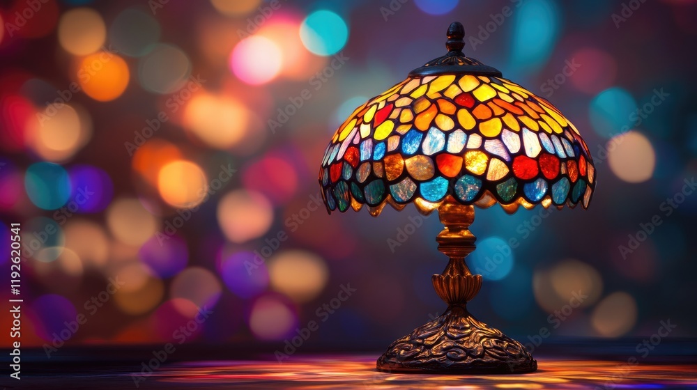 Poster colorful stained glass lamp with bokeh background creating a warm and inviting atmosphere for home d