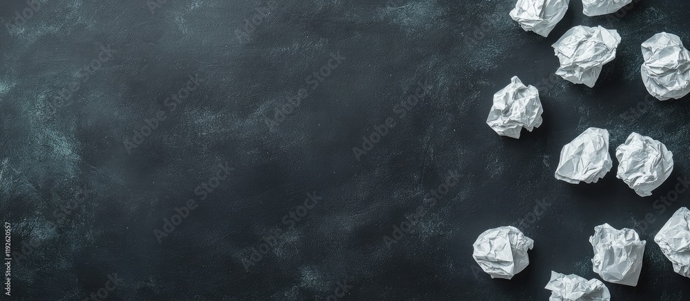 Poster Text space over black chalkboard background with scattered crumpled paper balls for creative writing or brainstorming concepts