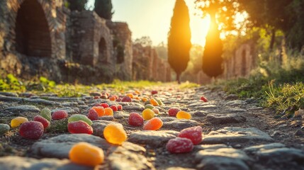 Candied fruits scattered on cobblestone path in ancient archaeological park during sunset with trees in background
