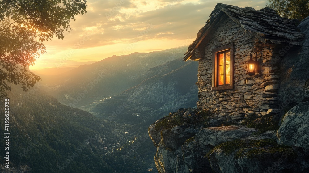 Poster rustic stone cabin on a cliff at sunset with warm lantern light and breathtaking valley views creati