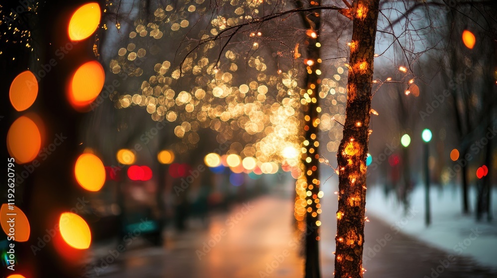 Poster glowing bokeh lights on tree trunks in a winter park creating a magical and serene atmosphere during